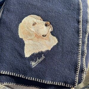 WOOLRICH Wool Throw Blanket Embroidered Yellow Lab Navy Blue USA Stadium Lap